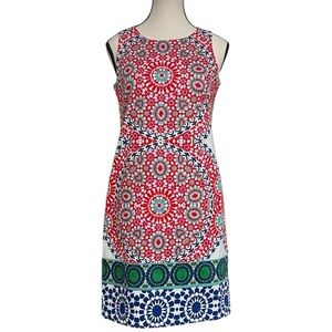 Woman's Sleeveless London Times Red and Blue Geometric‎ Mini Dress Sz. 2